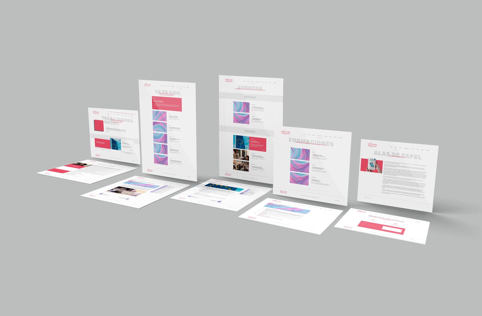 Mockups de la web professional de Cristina Páez Cot, amb les seccions de consulta, formacions, esdeveniments i el projecte Alas de Papel