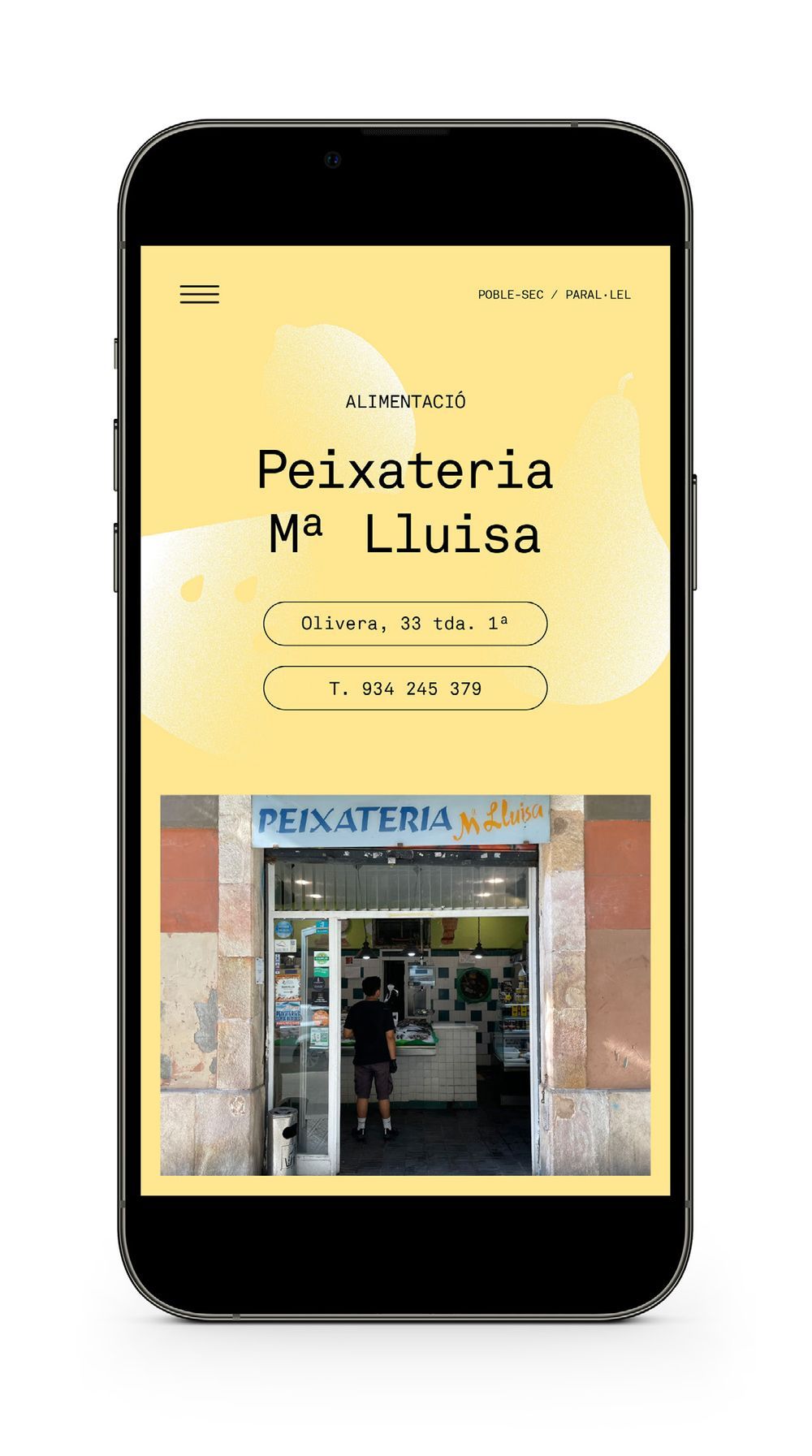 Ficha del comercio Peixateria Mª Lluisa con dirección, teléfono y fotografía sobre fondo amarillo