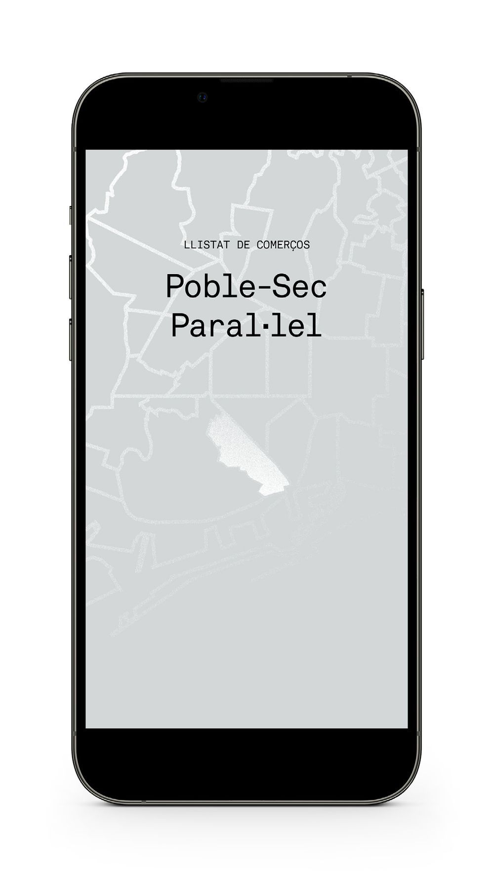 Pantalla de inicio del catálogo Airun con el mapa del barrio y el título Poble-Sec Paral·lel