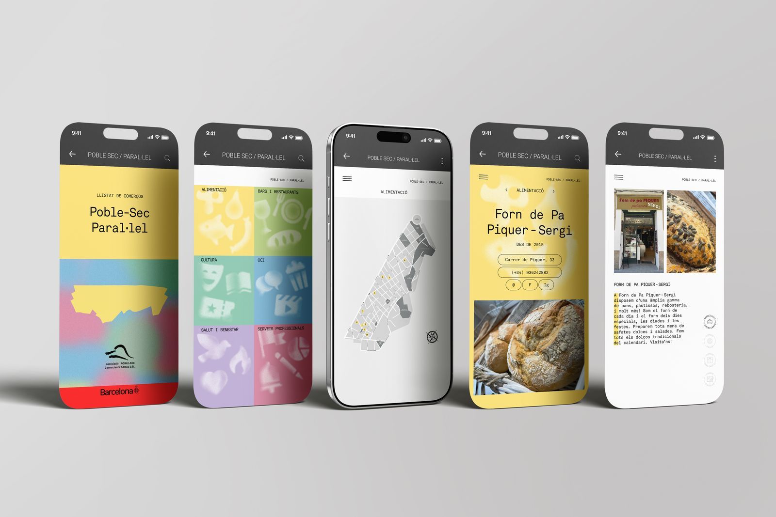 Cinco pantallas del catálogo digital Airun de la Asociación de Comerciantes Poble-Sec / Paral·lel diseñado por Piscastudio