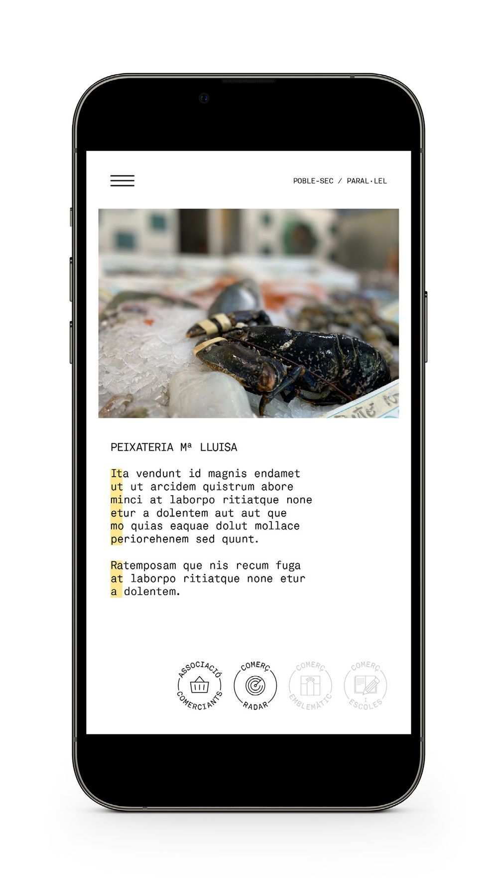 Página descriptiva de un comercio con fotografía, texto y los sellos de la asociación