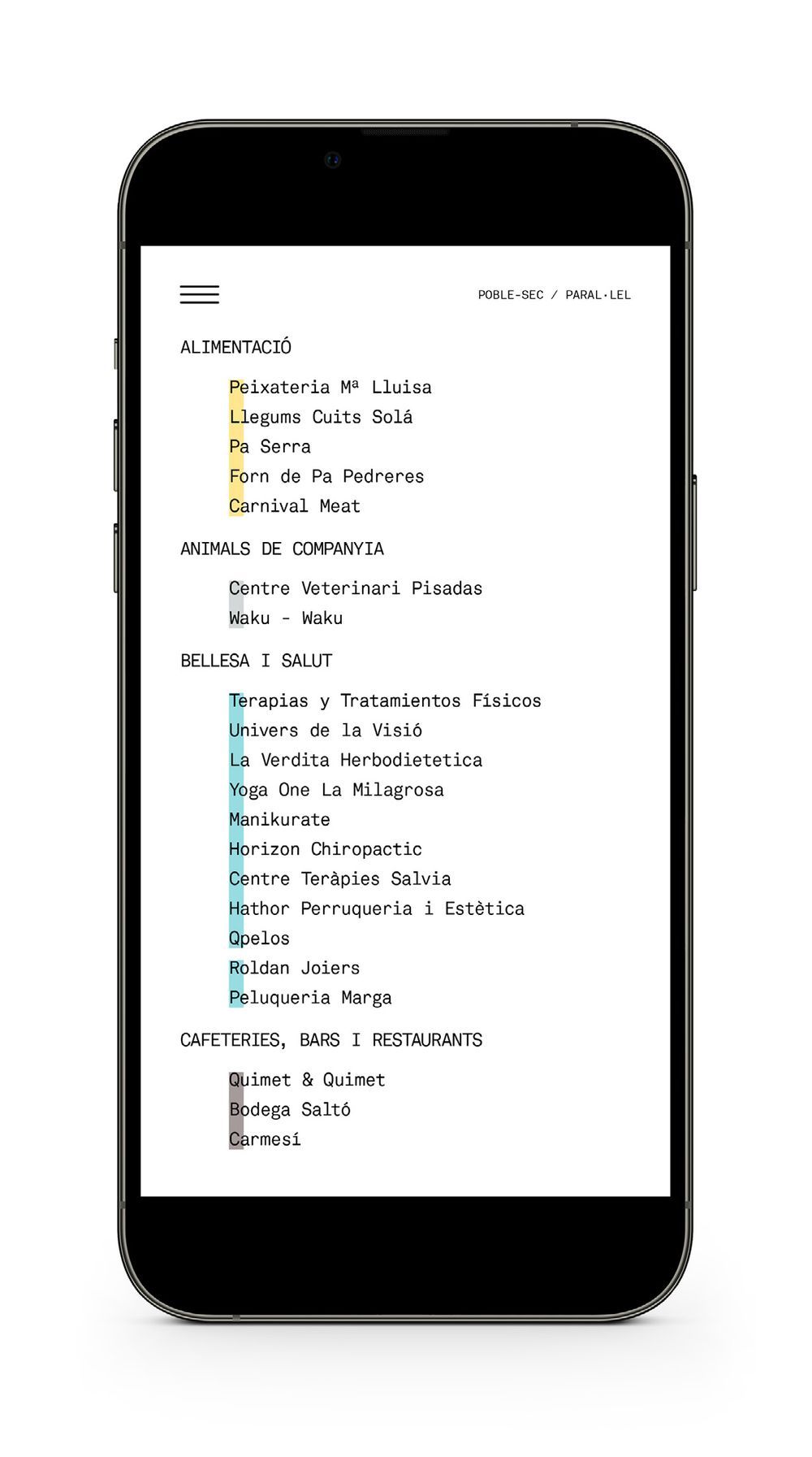 Índice de comercios ordenados por categoría con un resaltado de color para cada grupo