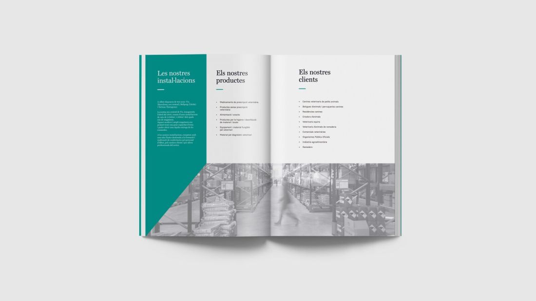 Spread showing facilities, products and clients from Albet's catalogue as a mock-up