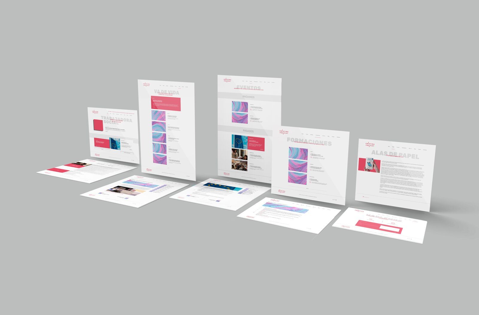 Mockups de la web profesional de Cristina Páez Cot, con las secciones de consulta, formaciones, eventos y el proyecto Alas de Papel