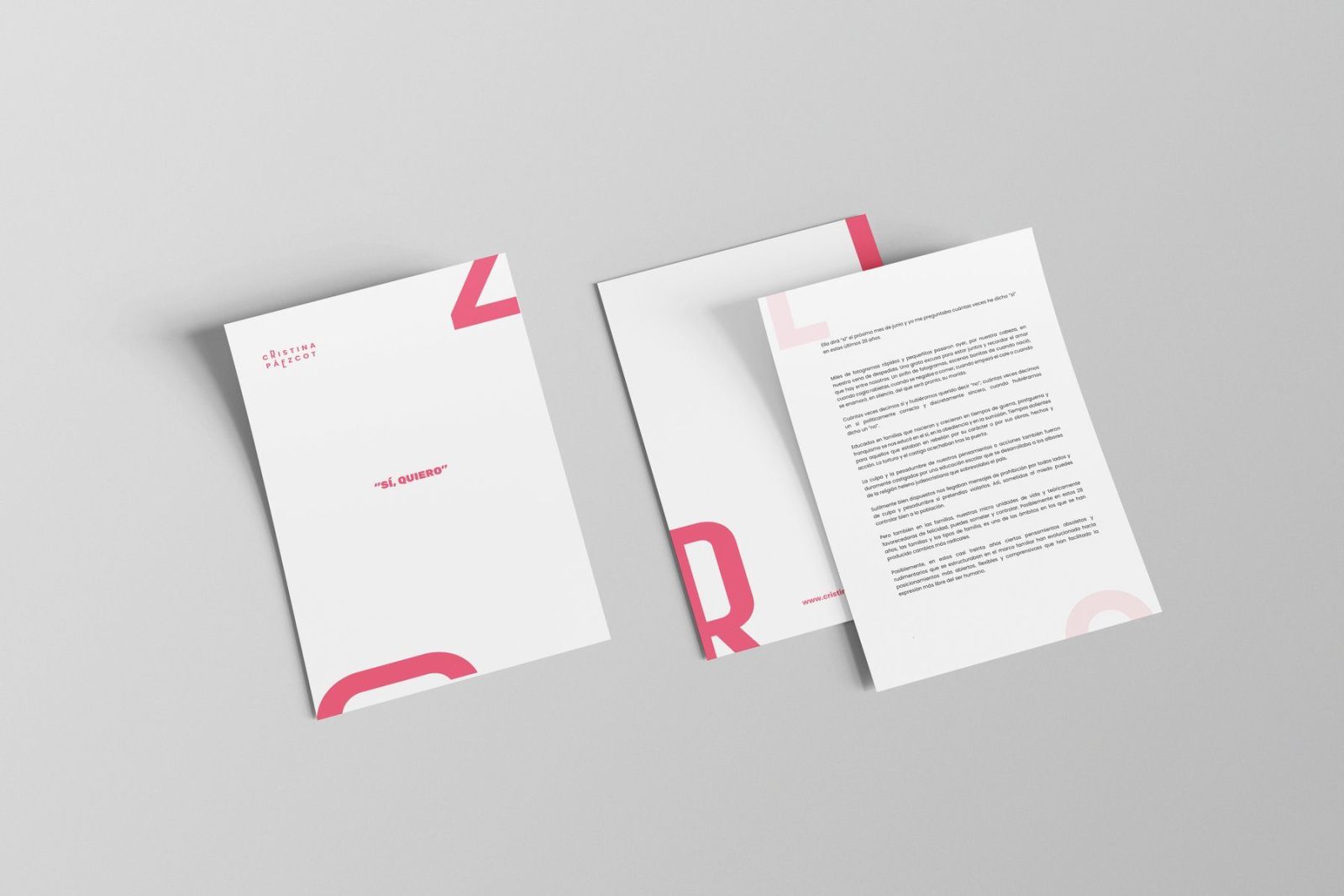 Cristina Páez Cot letterhead with the message 'Sí, quiero' and oversized characters