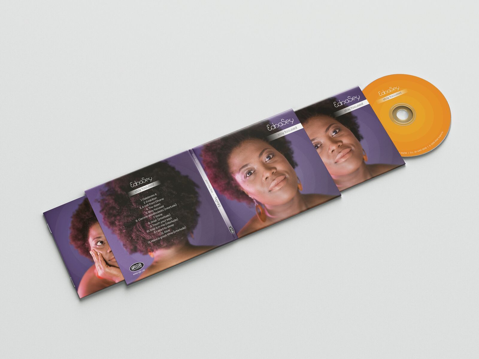 Covers and booklets for Edna Sey's albums “Just Being Myself” and “Stay Focused”