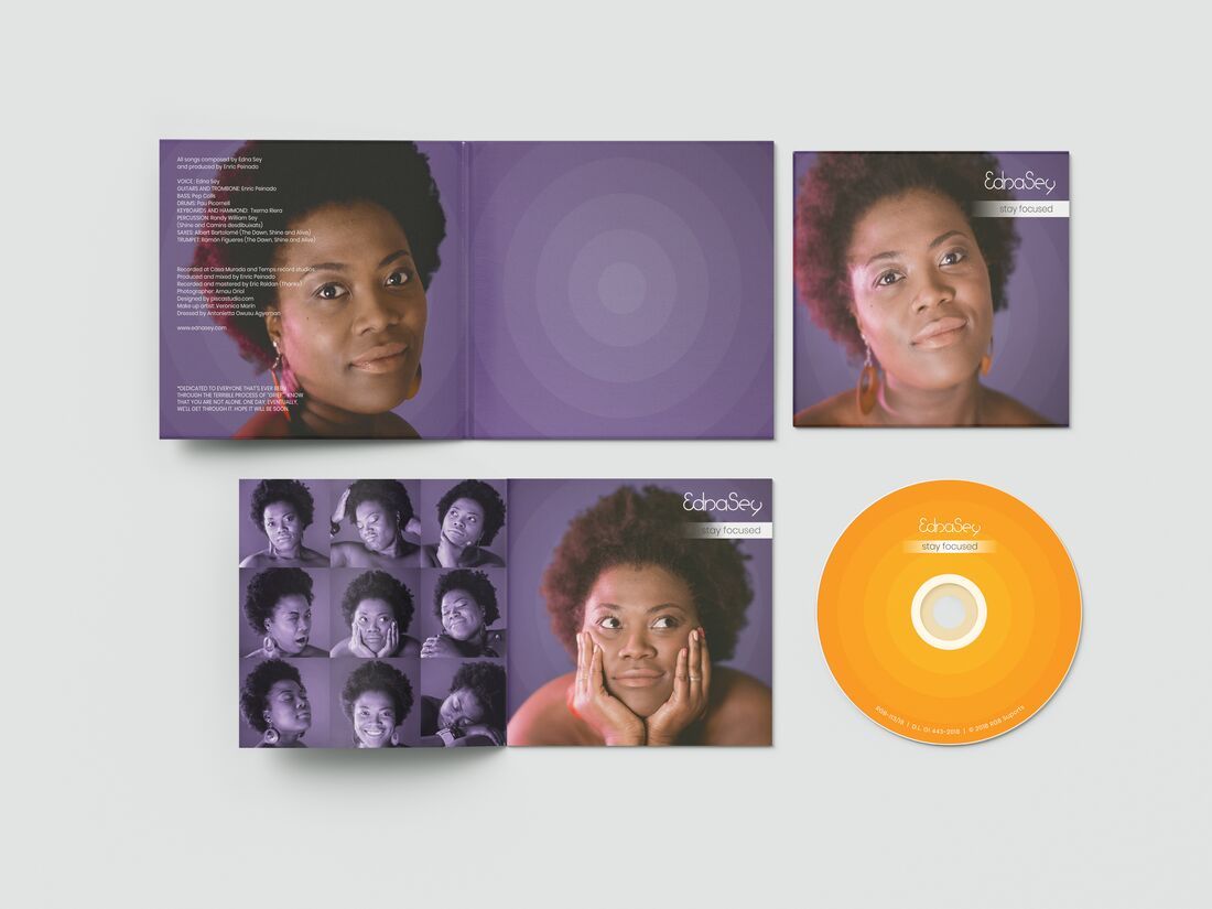 “Stay Focused” booklet with a mosaic of portrait photographs of Edna Sey