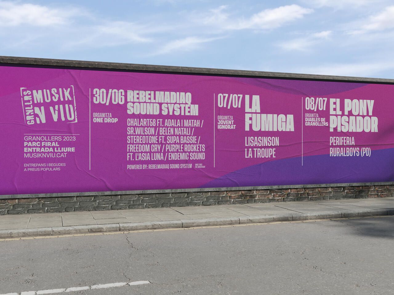 Musik'n'viu 2023 visual identity rolled out on street posters, with the wave system and the line-up for the festival's three nights