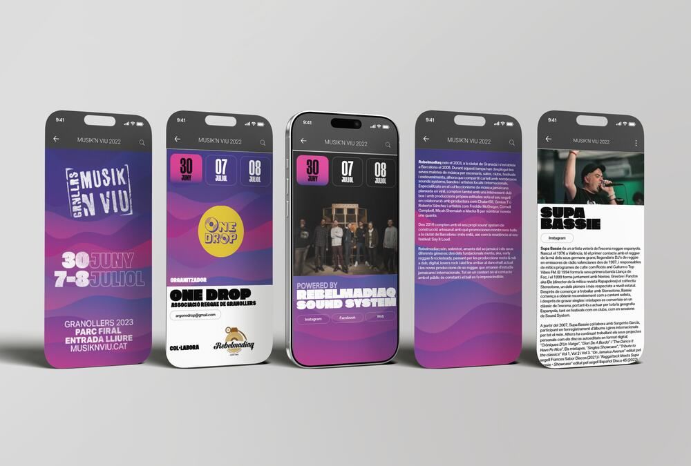 Musik'n'viu interactive mobile programme, with the dates grid, each night's organisers and the artist profiles