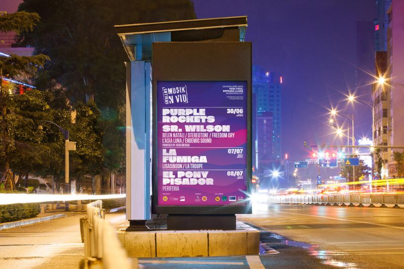 Identitat gràfica de Musik'n'viu 2023 desplegada en cartelleria urbana, amb el sistema d'ones i la graella de concerts de les tres nits del festival
