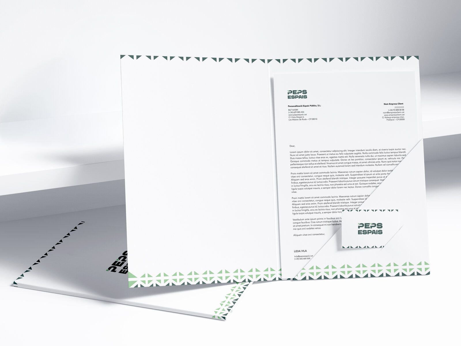 PEPS Espais stationery: folder and letterhead with the logo and green mosaic borders