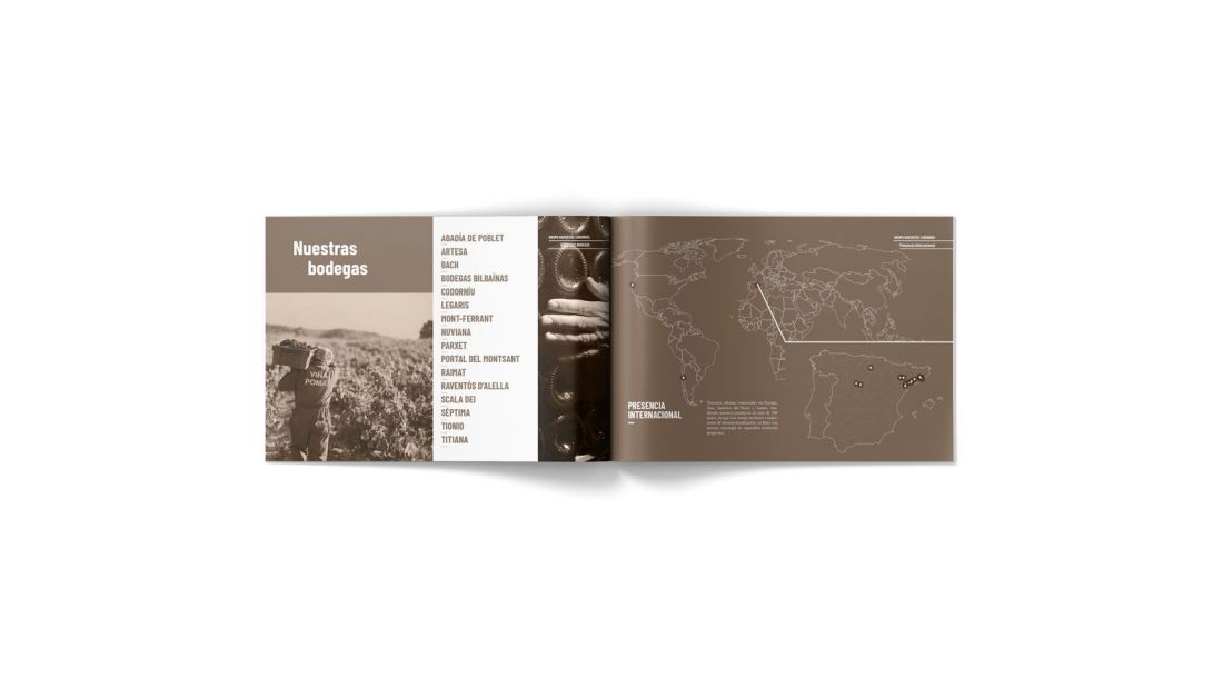 Several spreads from the Raventós Codorníu group catalogue, laid out by Piscastudio
