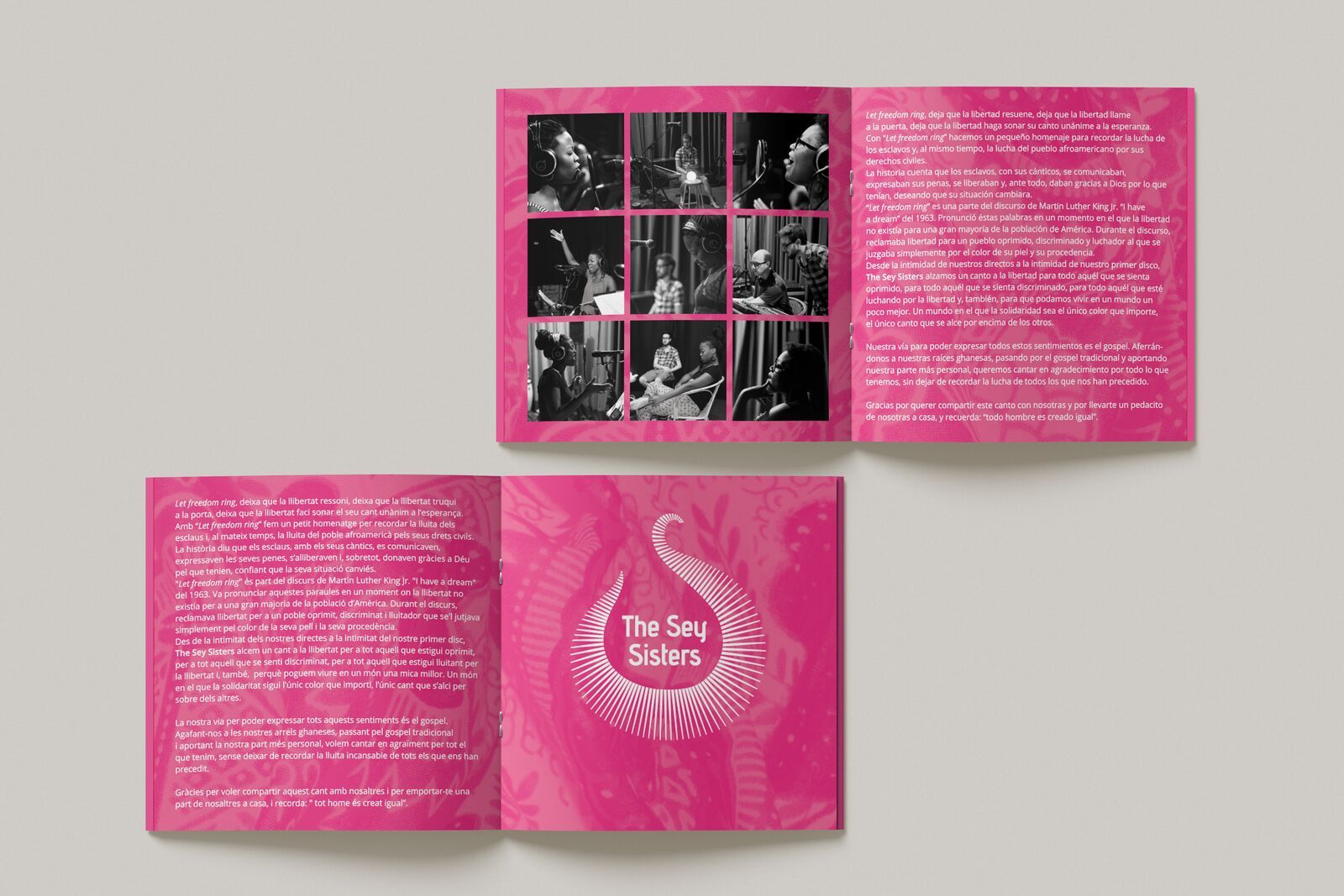 Front and back cover of The Sey Sisters' album “Let Freedom Ring” with the African textile print
