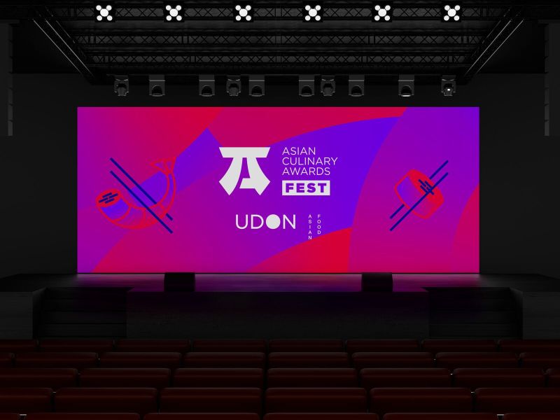 Stage and photocall at the Asian Culinary Awards Fest, Udon's food awards gala, with the event's magenta-to-violet gradient graphic system