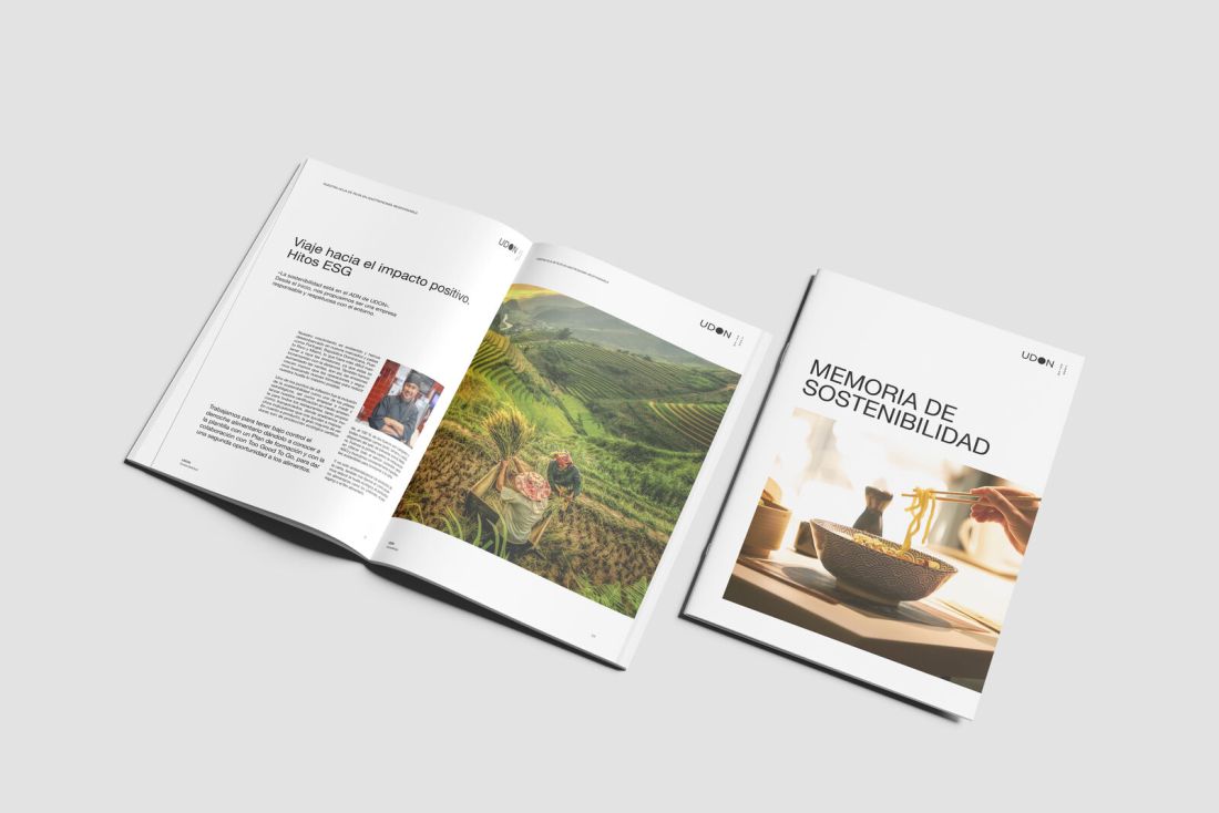 Portada y doble página interior de la memoria de sostenibilidad de Udon
