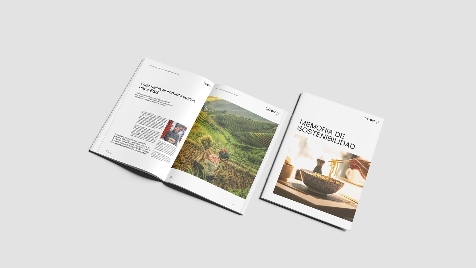 Varias páginas de la memoria de sostenibilidad de Udon diseñada e infografiada por Piscastudio