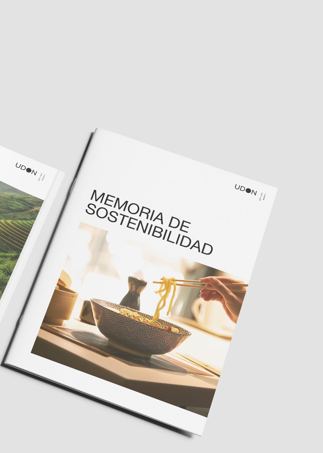 Varias páginas de la memoria de sostenibilidad de Udon diseñada e infografiada por Piscastudio